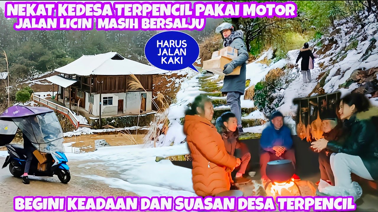 NEKAT KEDESA TERPENCIL  PAKAI MOTOR JALANAN LICIN DAN SEBAGIAN MASIH TERTUTUP SALJU,BEGINILAH