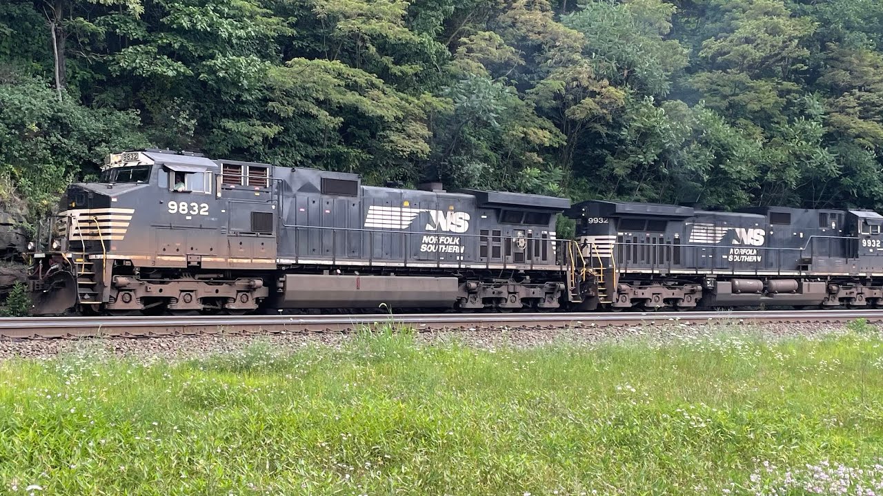 NS 21E passes Horseshoe Curve at MP 242 with friendly crew and Dash 9 trio!!!