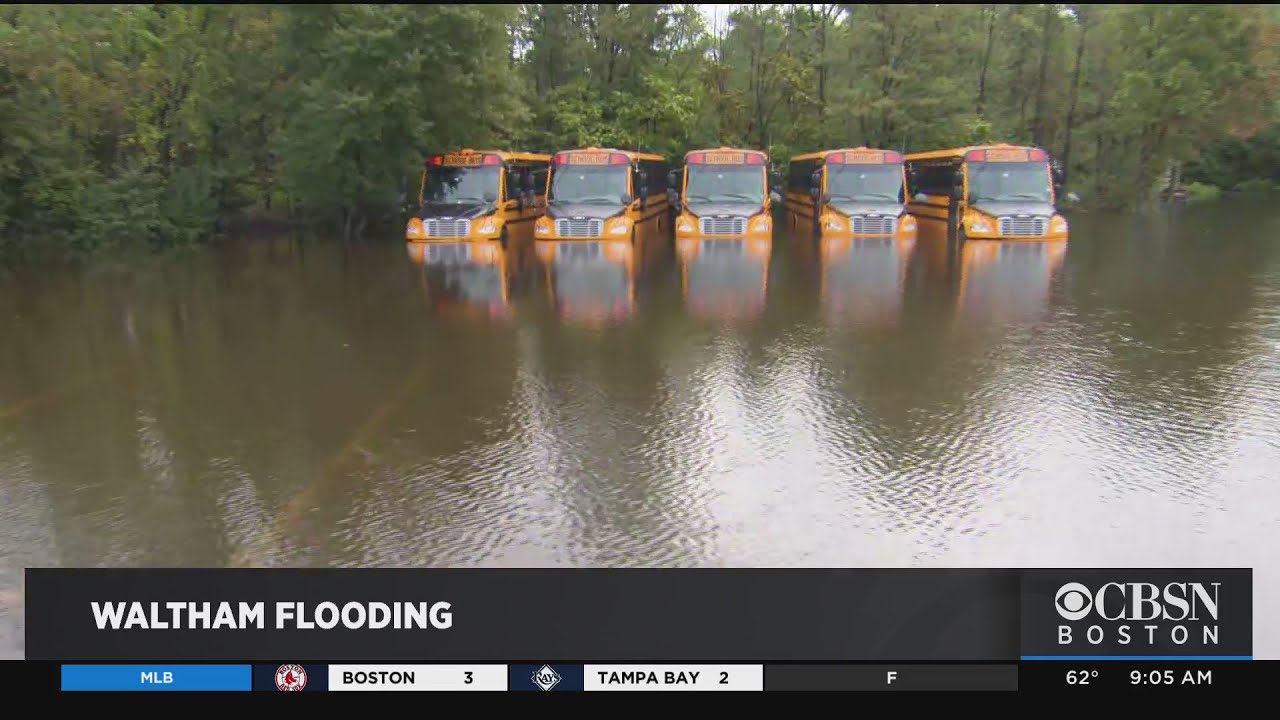 Waltham School Buses Trapped In Flooded Parking Lot