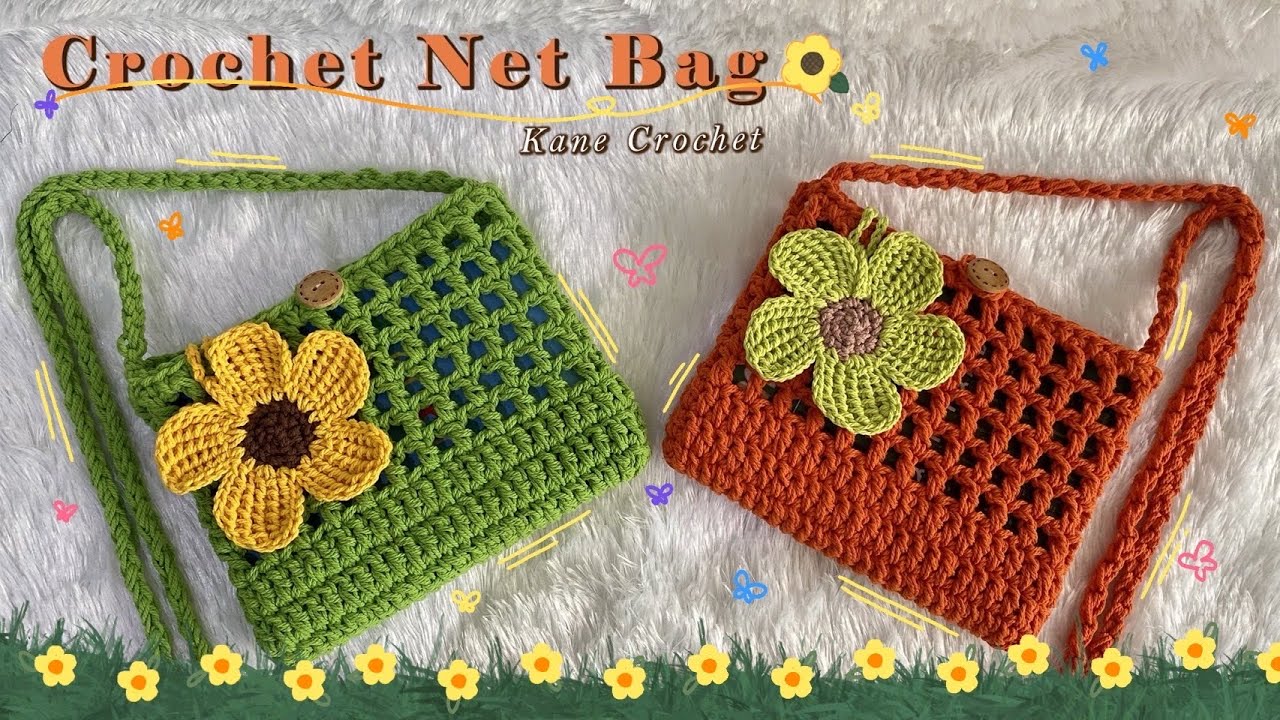 ВЯЗАНАЯ КРЮЧКОМ СУМКА 🌻 Урок вязания крючком сетчатой ​​сумки 🌻 Брелок-цветок