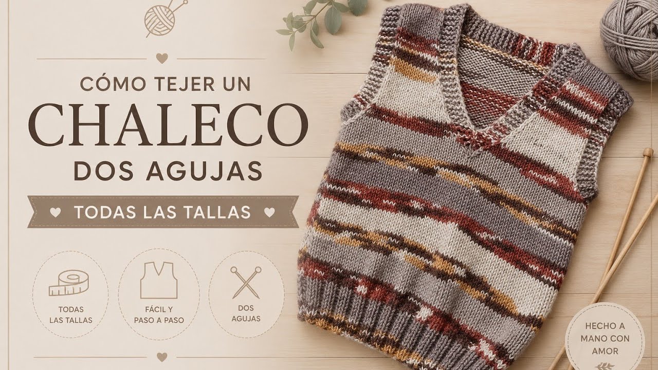 Chaleco para caballero En cuello v a dos Agujas diseño base/Tejiendoconleonardo