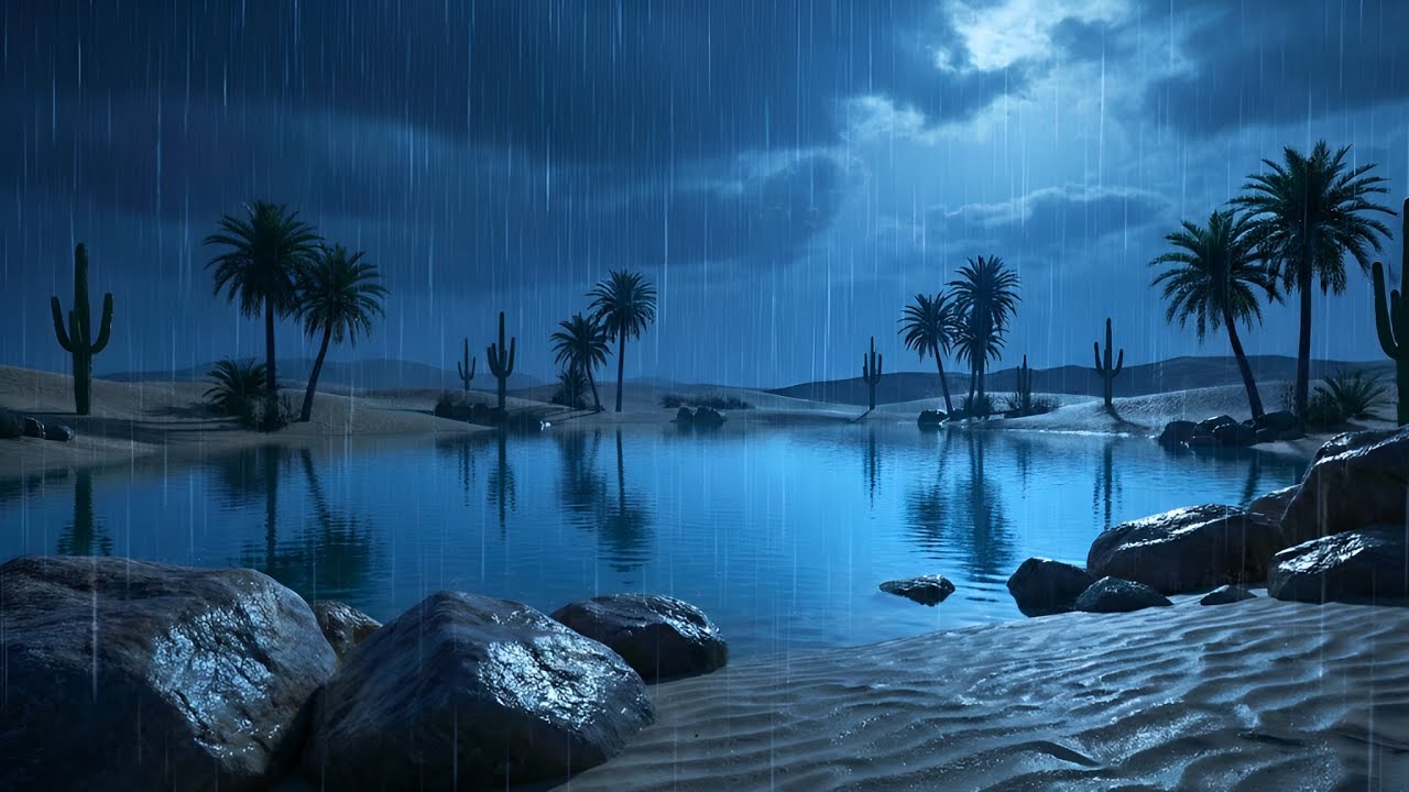 Deep Sleep to Heavy Night Rain in a Desert Oasis