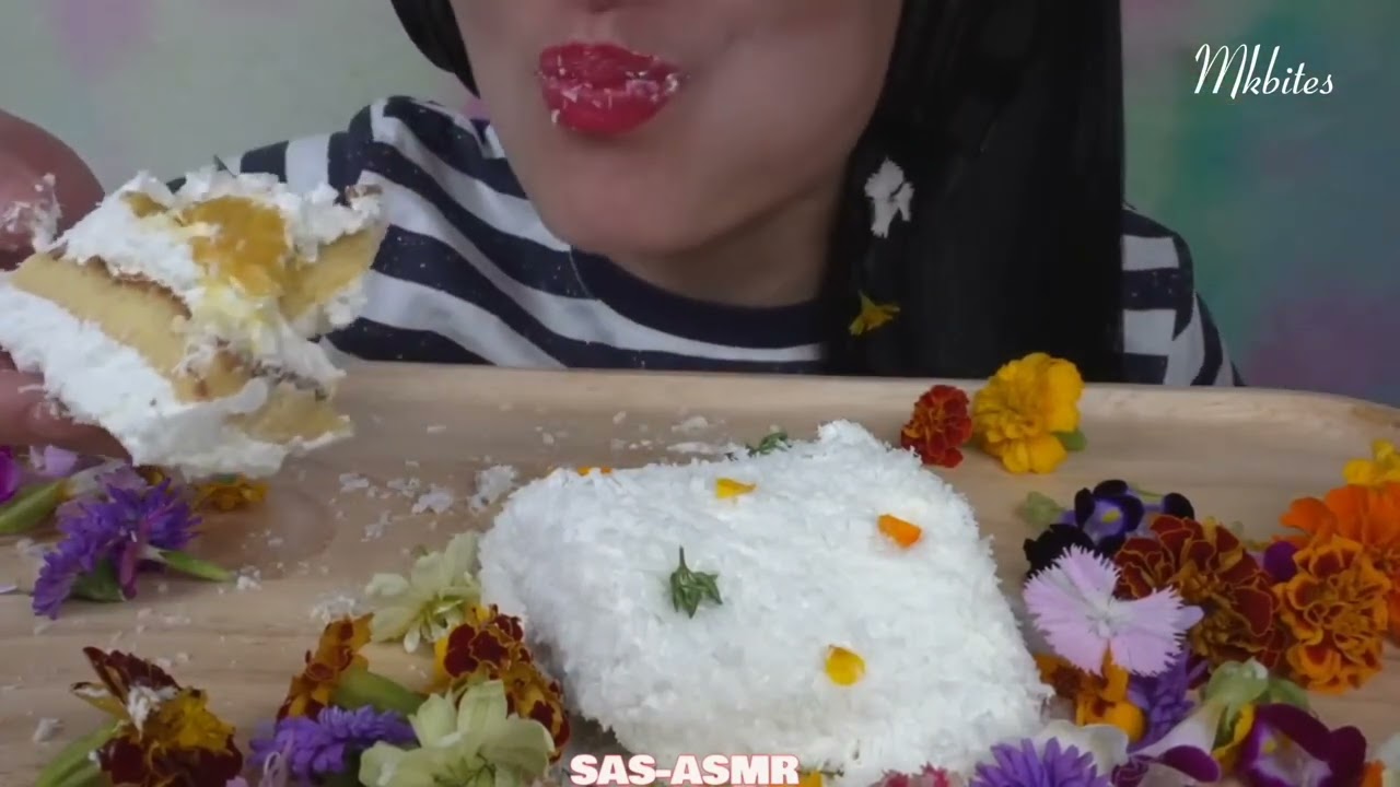 SAS ASMR- MANGO CAKE ROLL SOFT EATING SOUNDS MUKBANG BITES ONLY (TALKING REMOVED)