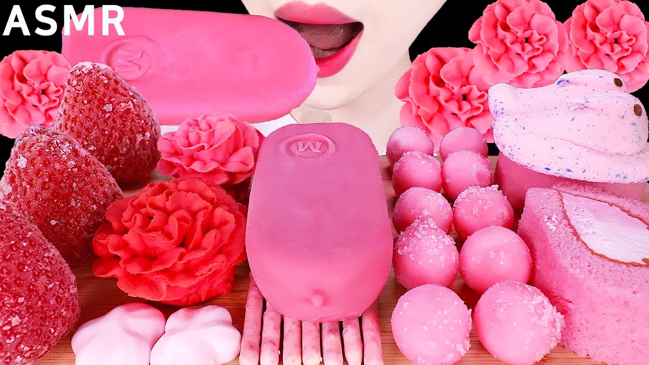 ASMR PINK ICE CREAM, MAGNUM, COOKIE, CAKE, MARSHMALLOW, FROZEN FRUITS EATING SOUNDS MUKBANG 핑크색디저트먹방