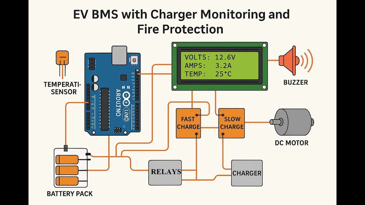 HVS-4591. EV BMS with Charger Monitoring and Fire Protection using Arduino UNO.