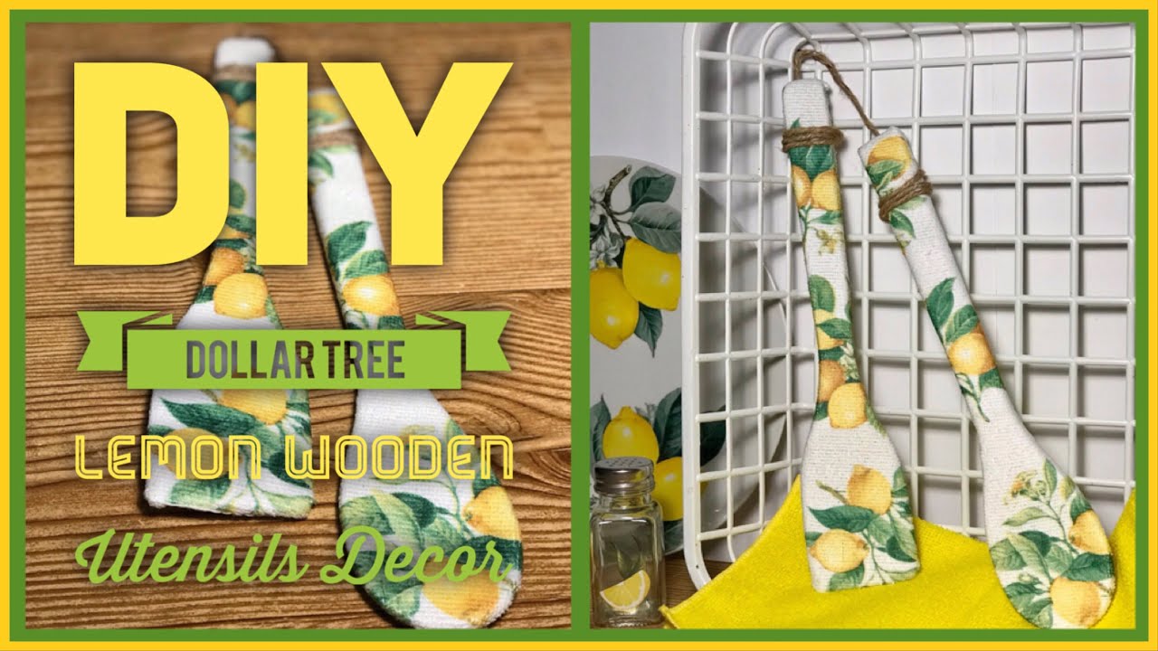 DIY Dollar Tree Lemon Wooden Utensil Wall Decor - Farmhouse Rustic Lemon Summer Room Decor