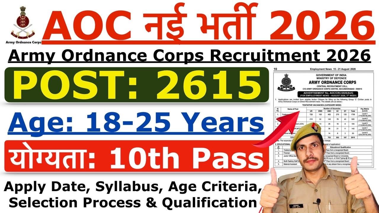 AOC Recruitment 2026 | Army Ordnance Corps Recruitment 2026 | Age, Syllabus, Qualification Details