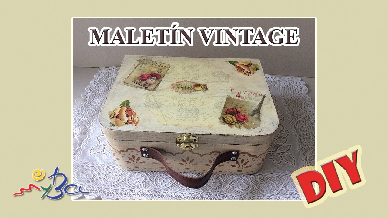 Maletin de madera vintage decorado con decoupage,  transfer y stencil..