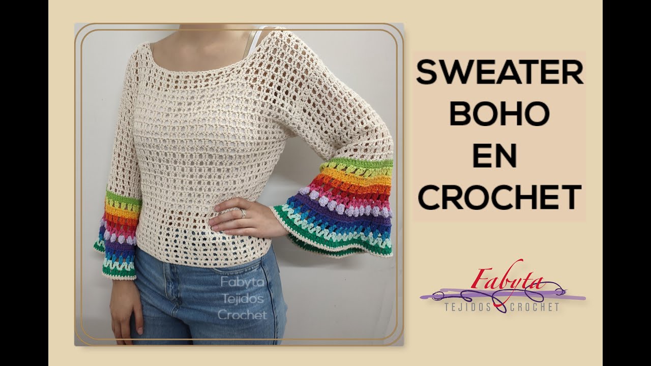 Sweater Boho de hilo de algodon en Crochet o ganchillo