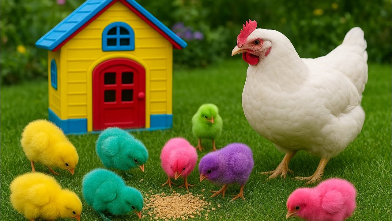 Cute Colorful Chicks Eating Feed Until a Big Hen Steals It All! 