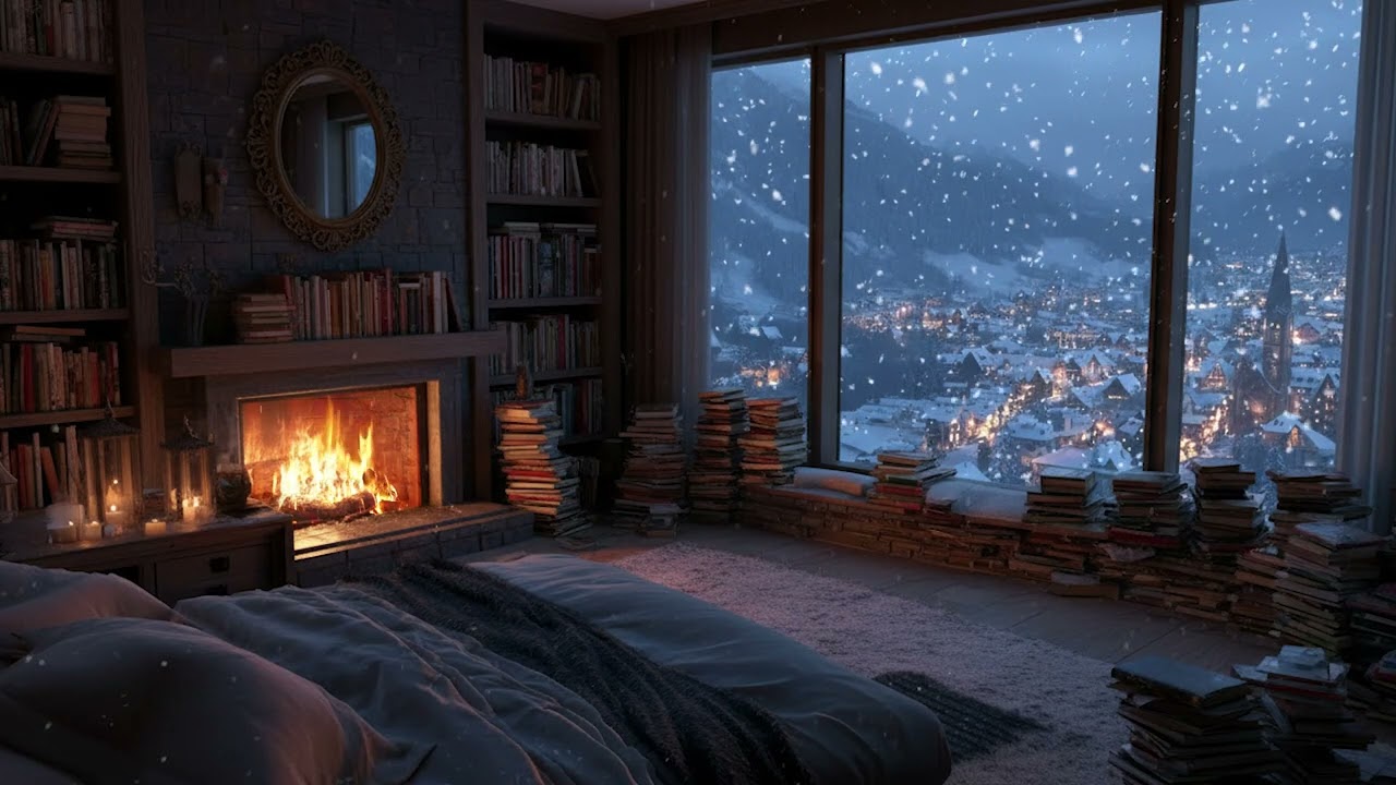 Silent Winter Cabin Evening | Warm Fire Crackling and Gentle Snow for Restful Sleep