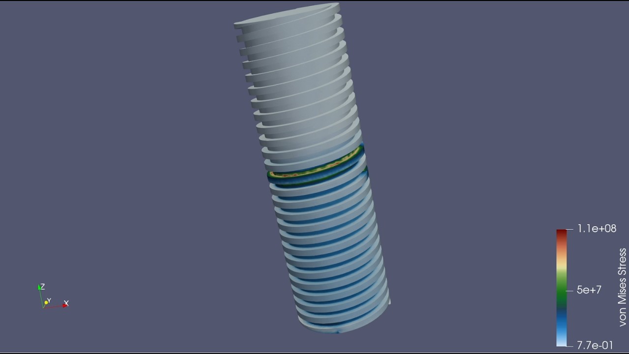 Simulación de flexión en cuerda de rosca cuadrada con FreeCAD/Calculix FEA