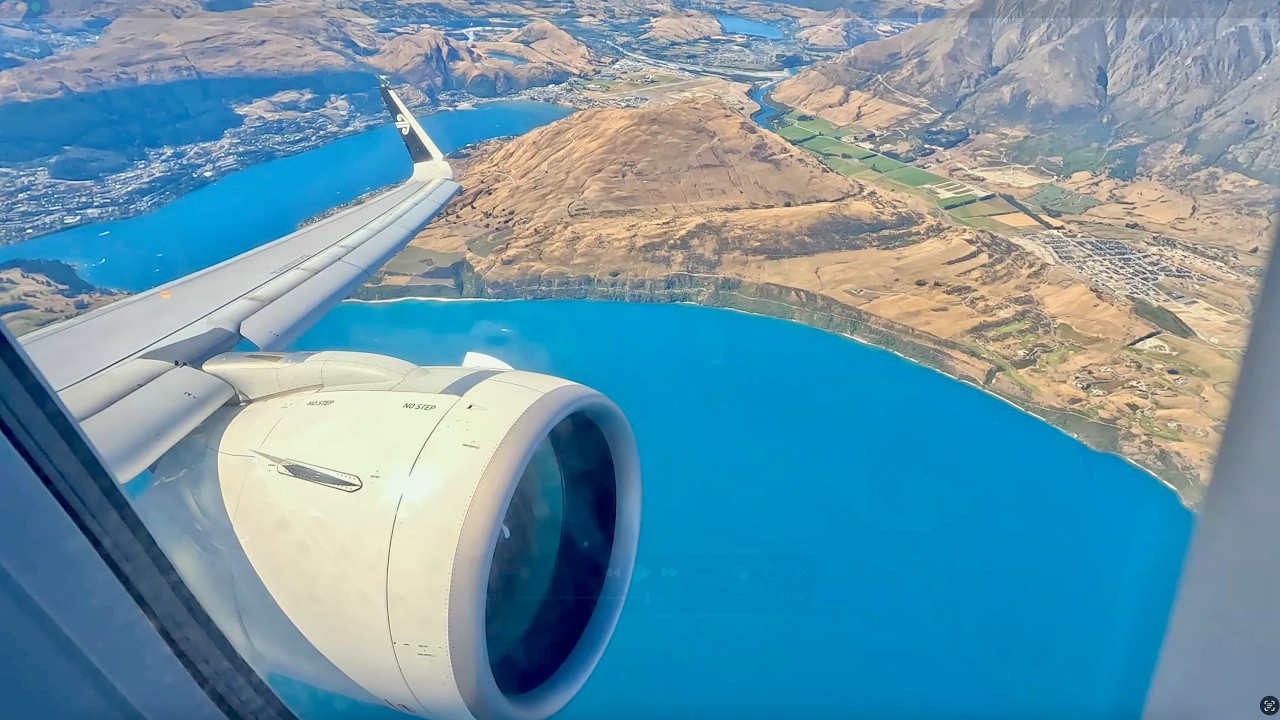 Air New Zealand Airbus A320 NEO takeoff from Queenstown airport - 4K Ultra HD (incl Milford Sound)