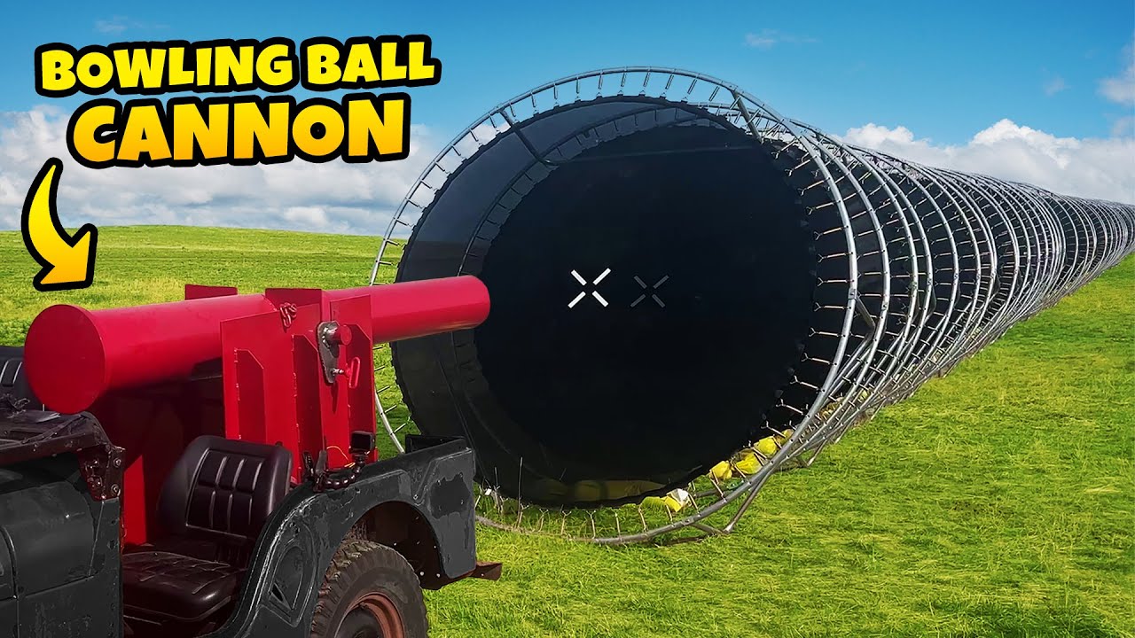 How Many Trampolines Stop A 540mph Bowling Ball? (feat. @The Slow Mo Guys)