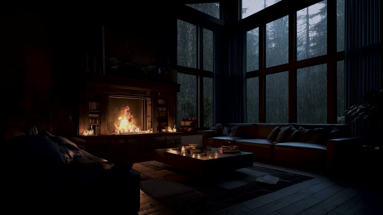Cozy Cabin Fireplace Ambience 🔥🏔️ | Peaceful Rain Sounds & Piano Music for Relaxation