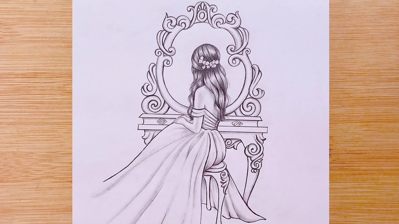 How to draw An elegant girl is sitting in front of a mirror - step by step || Pencil Sketch Tutorial
