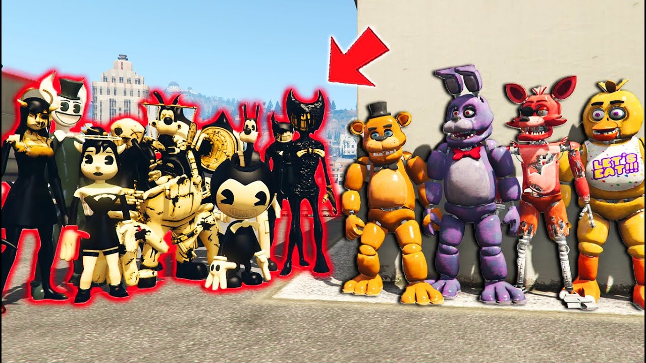 FNAF 1 ANIMATRONICS vs ALL BENDY & THE INK MACHINE CHARACTERS! (GTA 5 FNAF Mods)