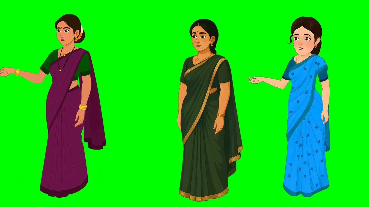 Three Village women talking, walking ,listening green screen
