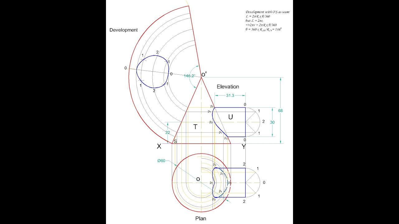 TD || INTERSECTION/INTERPENETRATION CYLINDER THROUGH A CONE AND ITS DEVELOPMENT