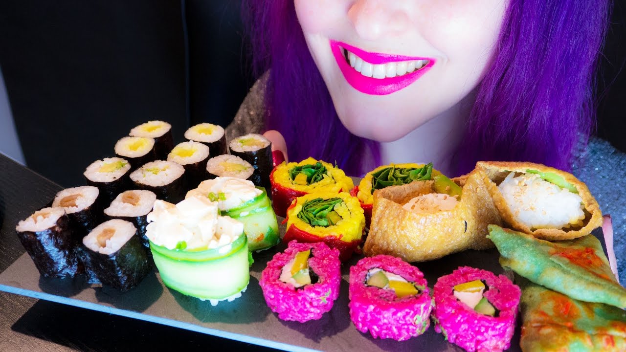 MUKBANG-ASMR: Colorful Sushi Plate & First Time Talking! Q&A 50K ~ Relaxing Eating Sounds [Vegan] 😻