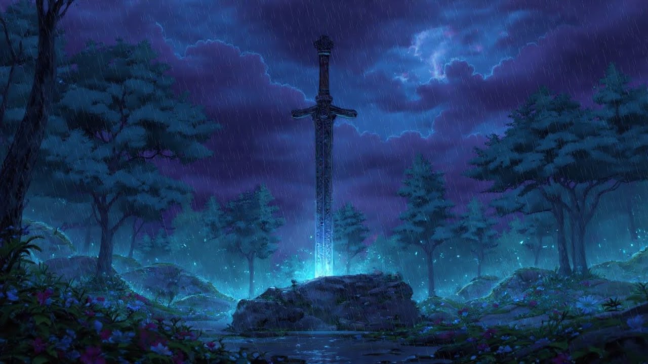 Medieval Sword in Dark Forest Heavy Rain Ambience
