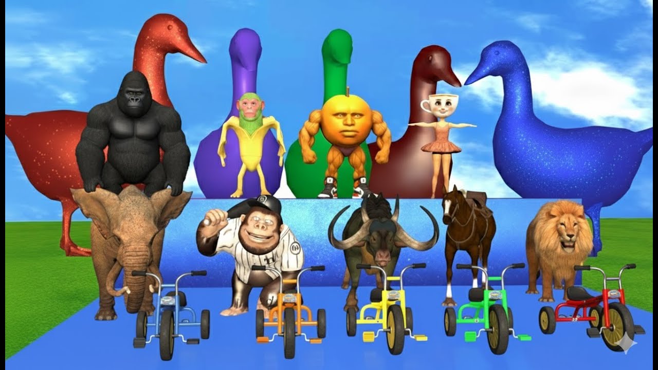 Long Slide Game With Cow Elephant Gorilla Hippopotamus Tiger - 3d Animal Game - Funny 3d Animals