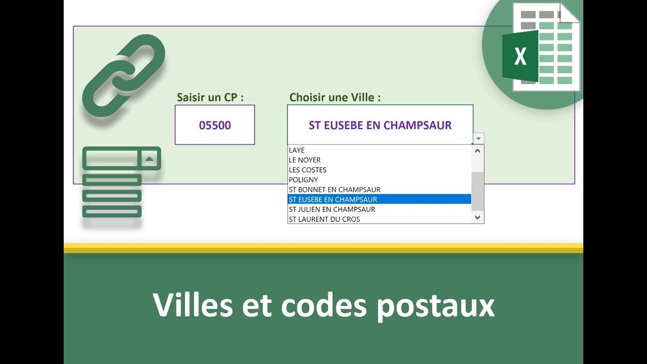 Liste Excel des villes selon le code postal saisi