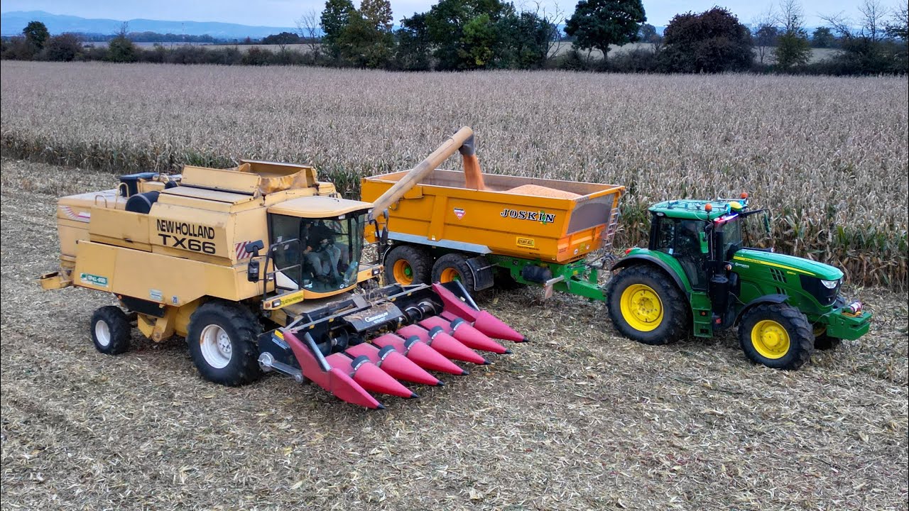 Žatva kukurice s New Holland TX66 a John Deere 6155M