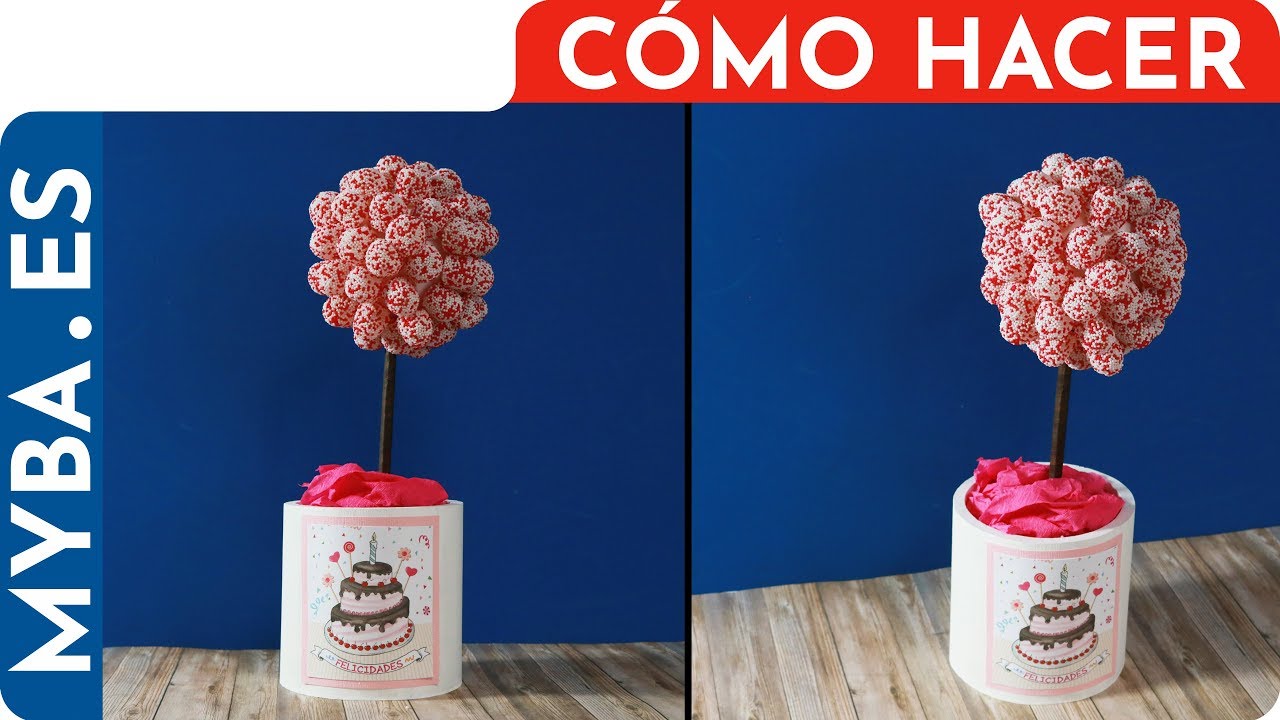 Cómo hacer árbol de chuches o topiario de gominolas muy fácil para mesa dulces cumpleaños.