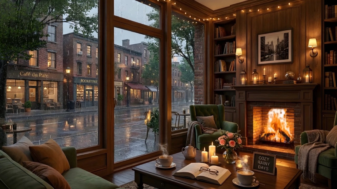 Gentle Rainy Evening Jazz☕ Warm Jazz Background Music & Cozy Fireplace Café for Relaxation