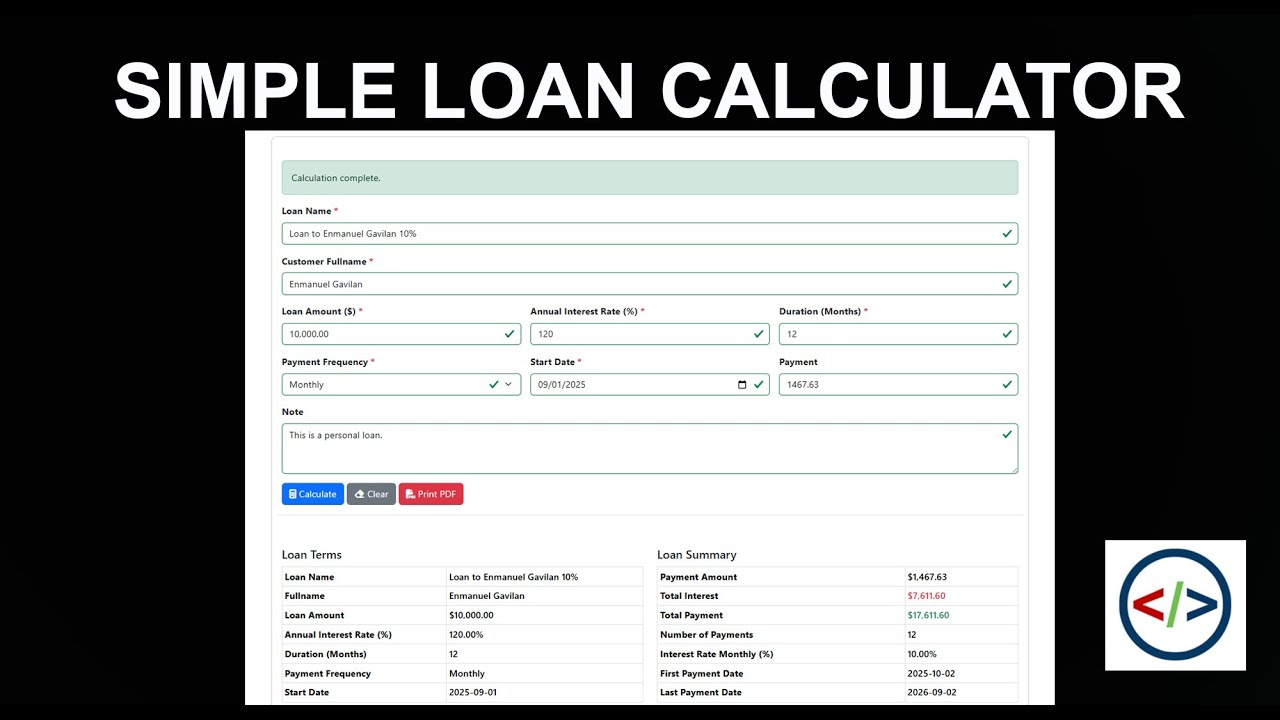 Simple Loan Calculator System