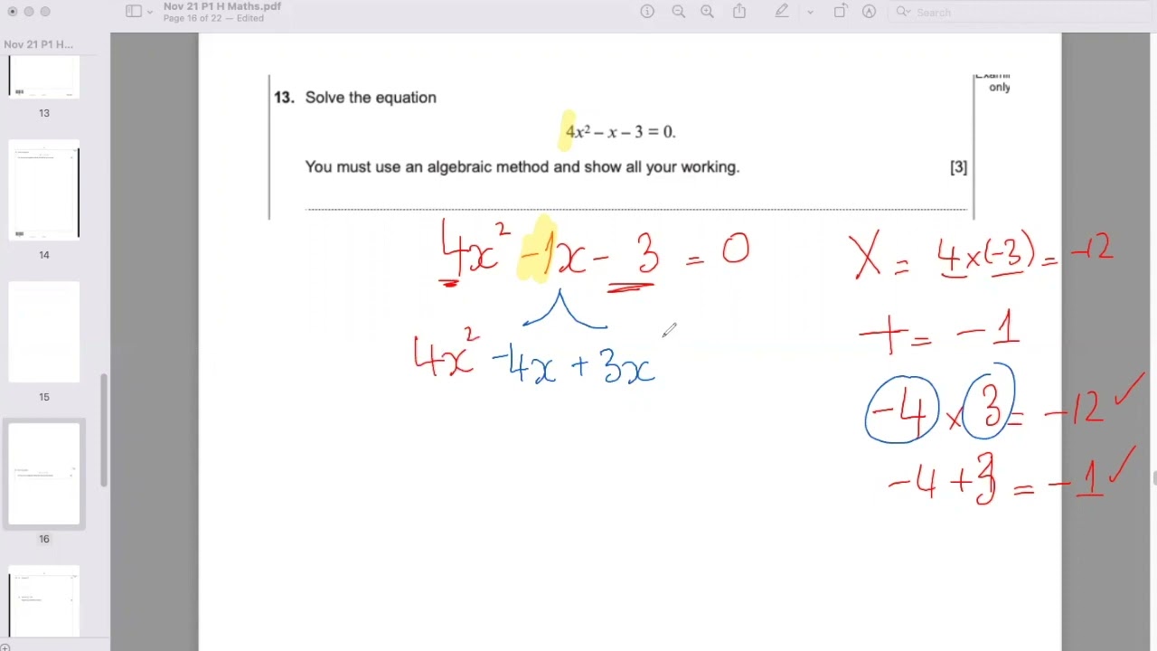 Q13 Higher Tier Maths U1 Nov 2021 - Factorising harder quadratic equation #wjecmaths #maths #gcse
