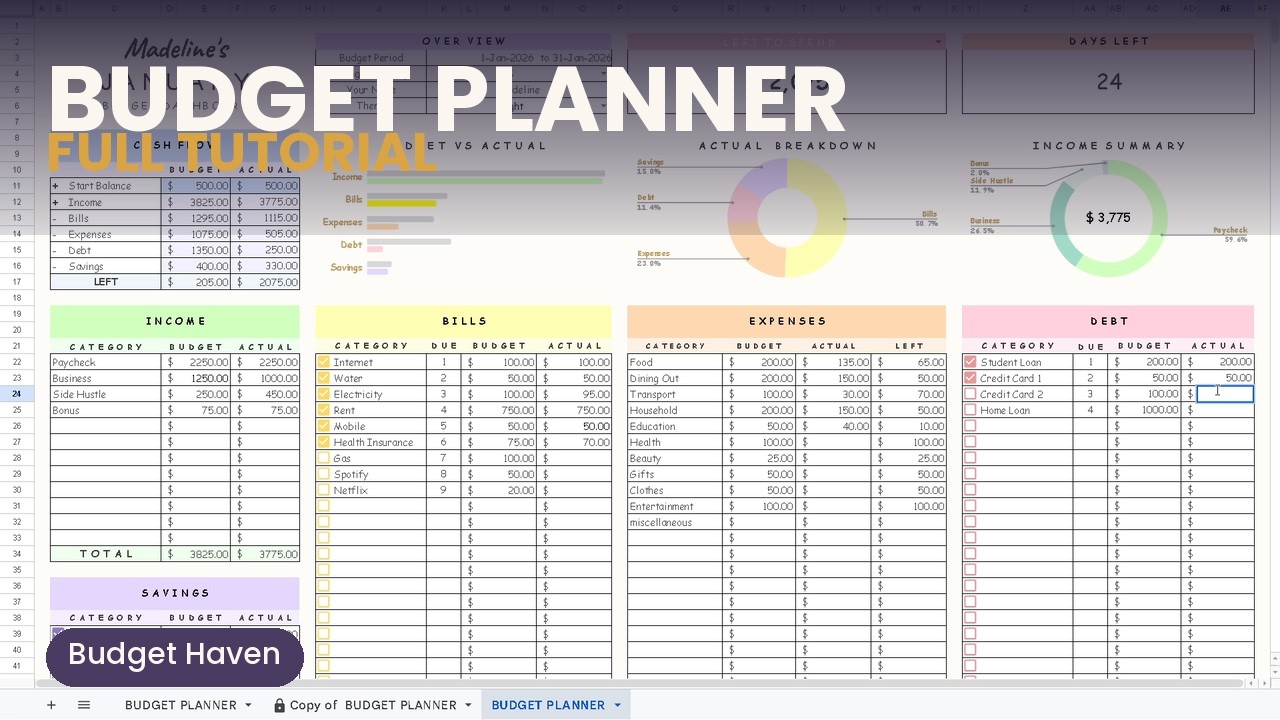Google Sheets Budget Planner Tutorial &mdash; Track Income, Bills & Expenses | Budget Haven