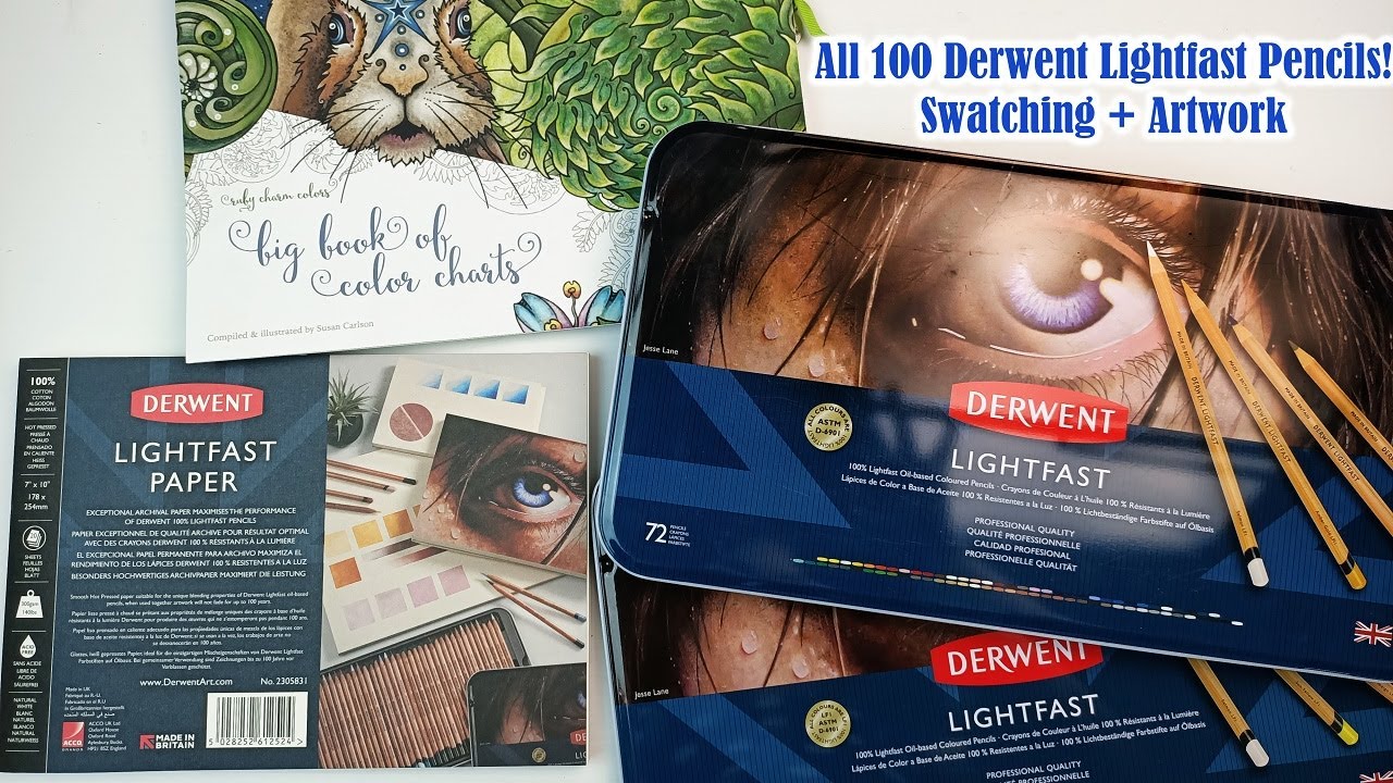 Derwent Lightfast Pencils Review - all 100 of them! Swatching in Book & Drawing on Lightfast Paper.
