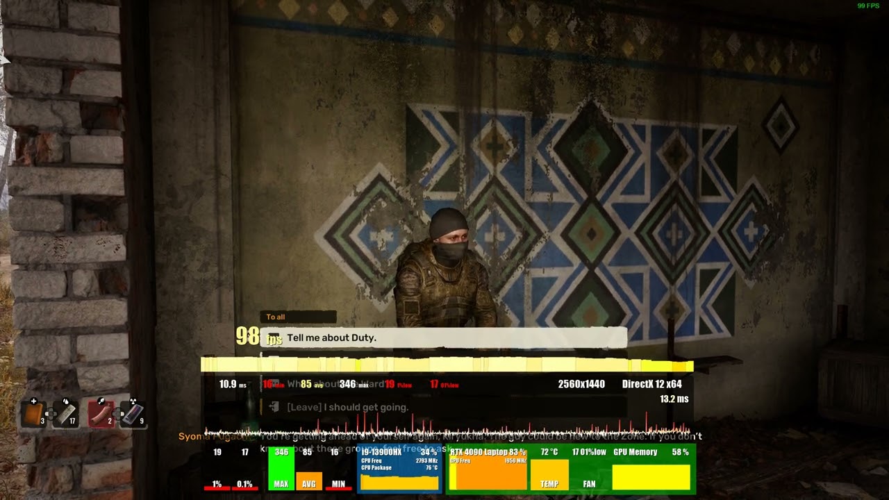 S.T.A.L.K.E.R.  2 (1440p) on Core i9-13900HX /GeForce RTX 4090 Laptop - FrameGen On/DLSS Quality
