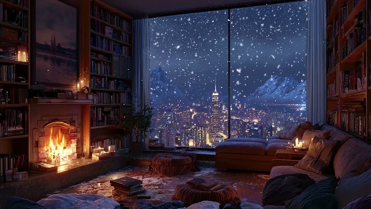 Calm Winter Cabin Evening | Cozy Fireplace Ambience and Soft Snowfall for Peaceful Sleep 😴
