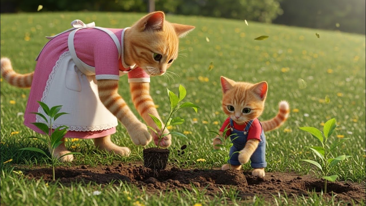 🌱🐱Tiny Paws, Big Dreams 🌿💚 A Mother Cat Teaching Her Kitten to Grow a Better World 🐾✨
