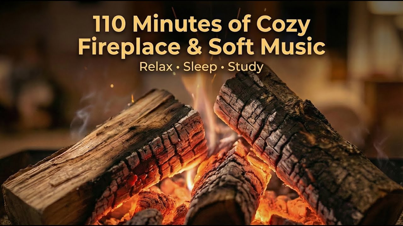 Cozy Fireplace Crackling with relaxing music110 minutes صوت احتراق الحطب مع موسيقى هادئة