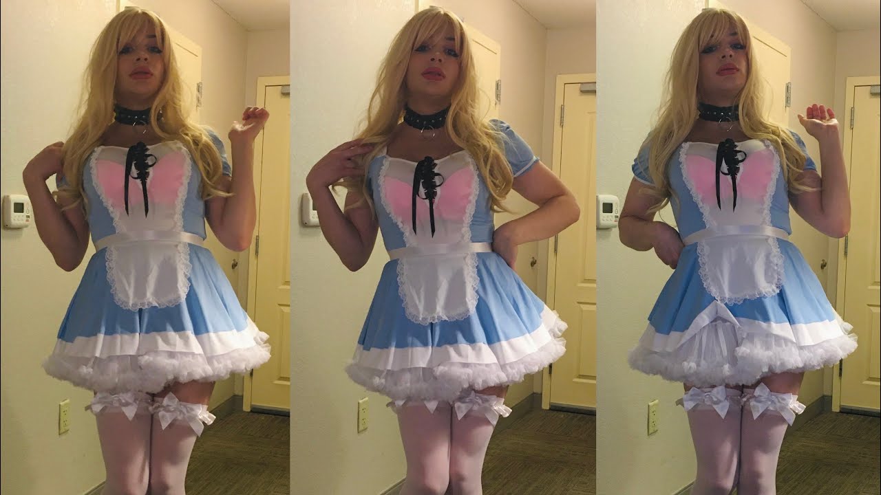 Sissy Trixie in Frilly Blue Alice in Wonderland Costume in Hotel