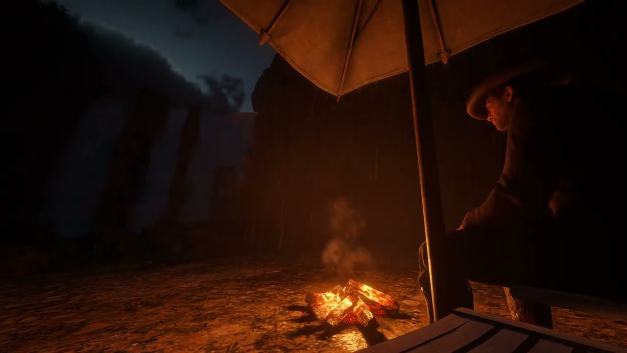 [4K] Red Dead Redemption 2 Thunderstorm Outside Rain Waterfall Cozy Night ASMR Camping Alone