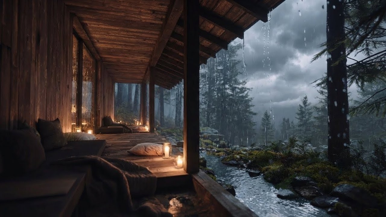 Rain Sounds by a Cozy Cabin Porch | Water Stream & Forest Ambience for Deep Sleep (10 Hours)