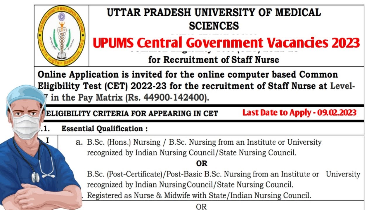 UPUMS Central Government Staff Nurse Recruitment 2023 || Central Govt Staff Nurse vacancies 2023 ||