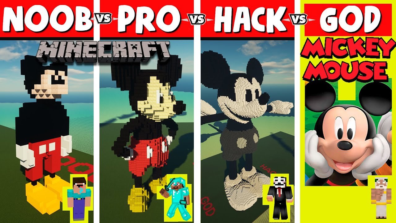 Minecraft Battle: NOOB vs PRO vs HACKER vs GOD: Mickey Mouse build challenge in Minecraft.