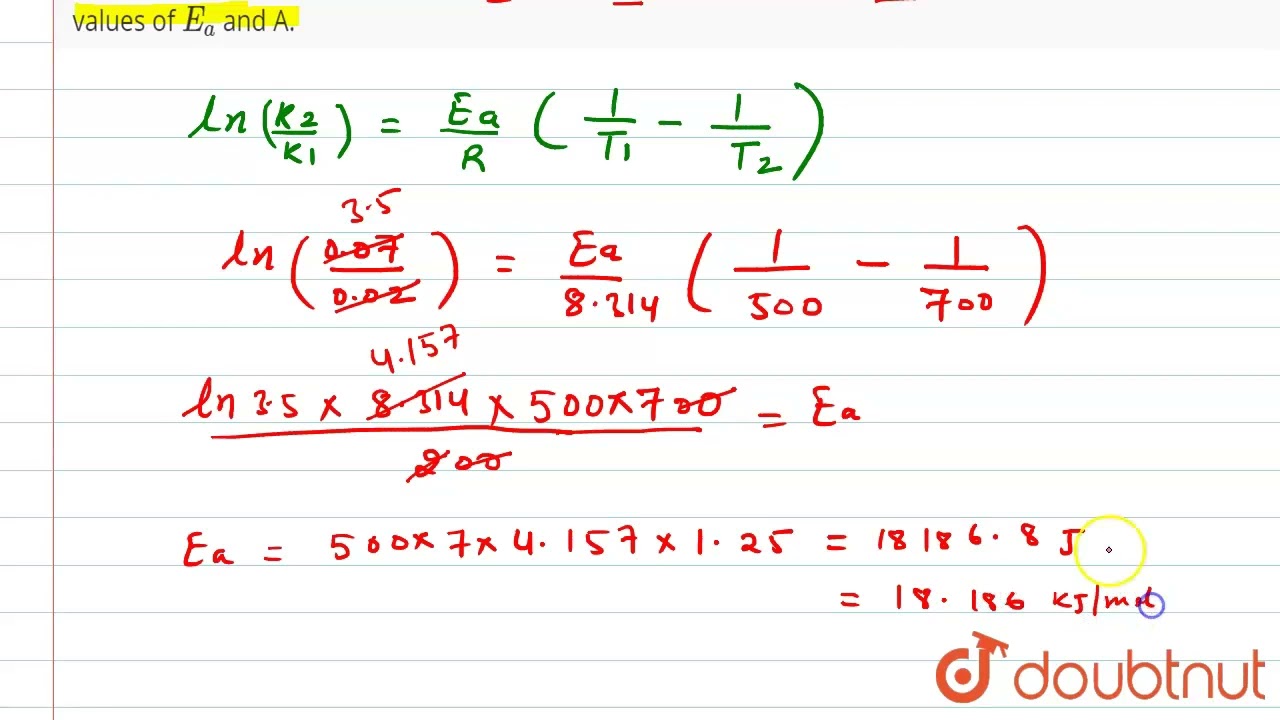 The rate constants of a reaction at 500 K and 700 K are 0.02 s^(-1) and 0.07 s^(-1)respectively....