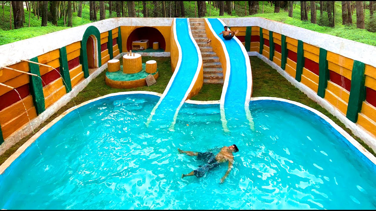 100Days Building  Water Slide Park into Underground Swimming Pool House