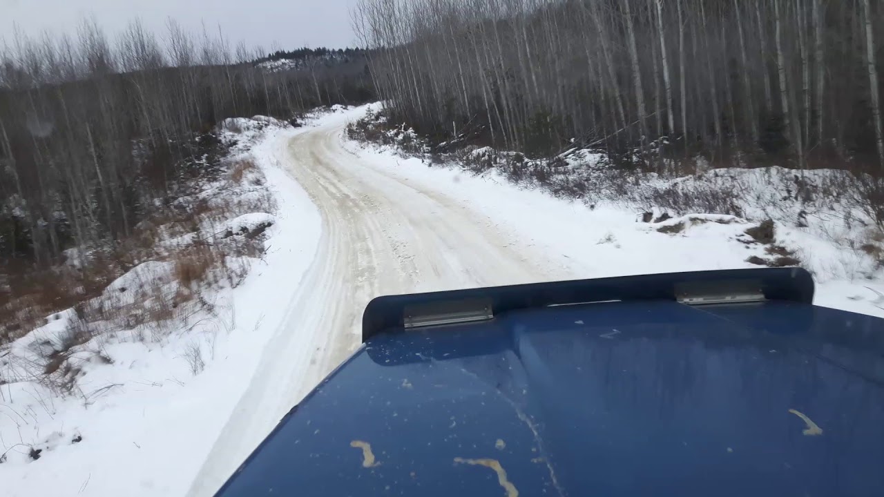 Loaded log truck on winter bush rd