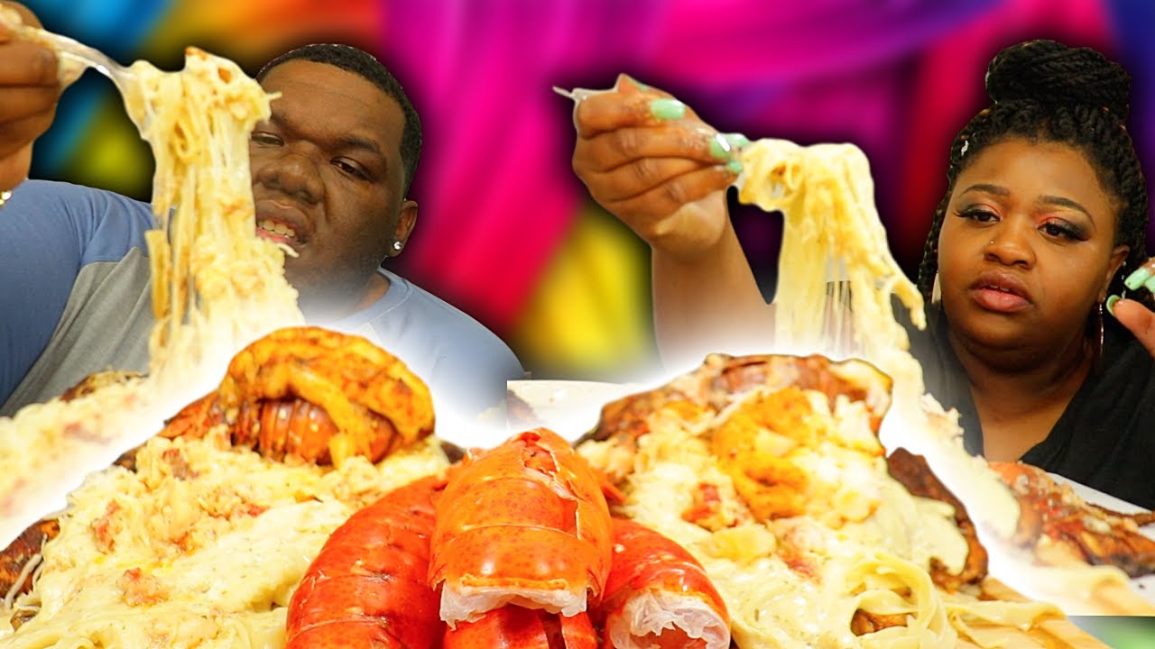 LOBSTER ALFREDO-STUFFED SPATCHCOCK CHICKENS!!! | MESSY SAVAGE EATING | MUKBANG EATING SHOW