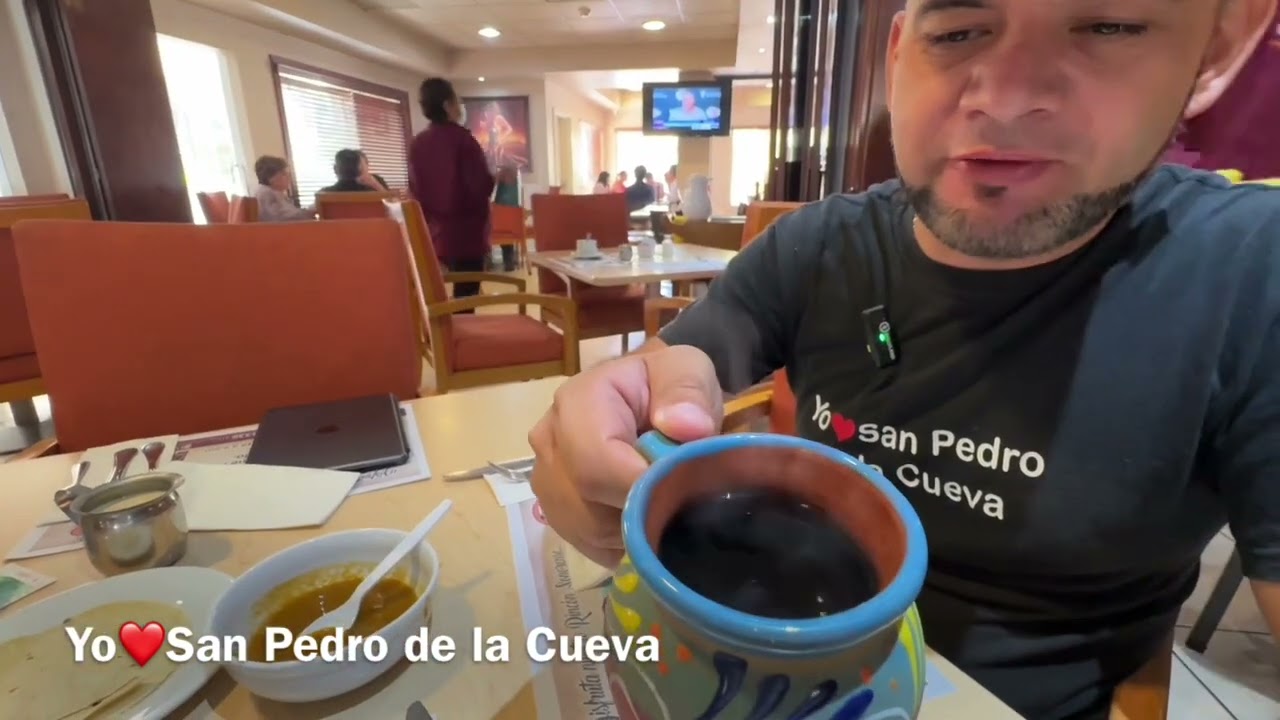 Favian Lameda having Sonoran food for breakfast with freshly ground coffee and freshly made pancakes