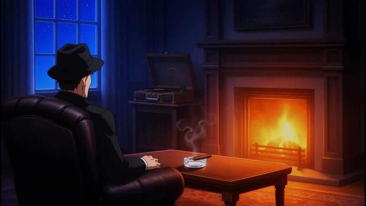 Cozy Anime Fireplace Night 🌙 Lofi Jazz Ambience with Cigar Smoke & Starry Window